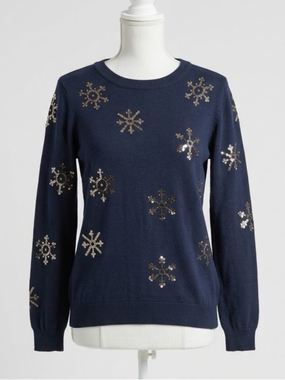 ModCloth Charm School Navy Silver Sequin Snowflake Crewneck Sweater Size Medium